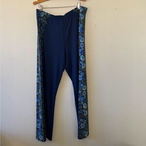 Susan Graver Wide Leg Palazzo Pants XL Floral Blue Vertical Border Elastic Waist